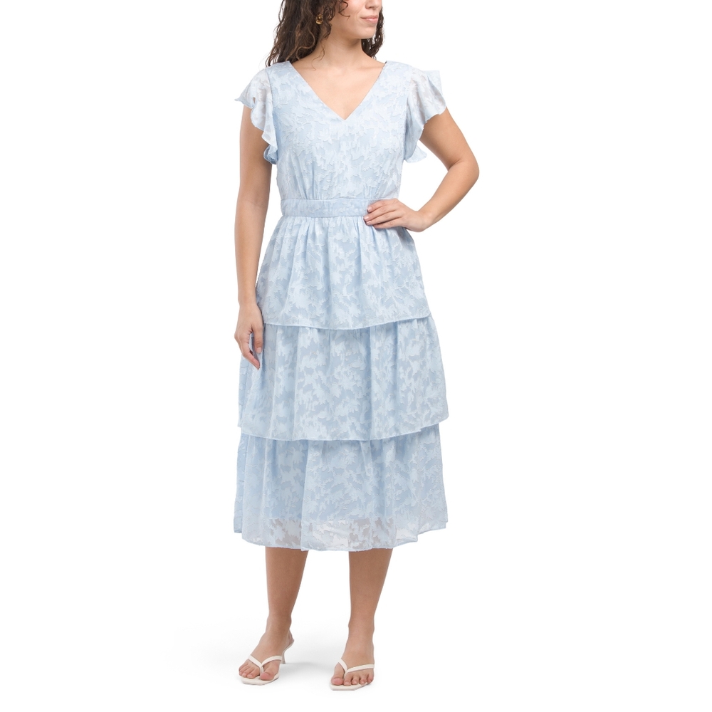 NWT - Julia Jordan Lt Blue Gold Thread Accents Triple Tier Midi Dress - Size 14
